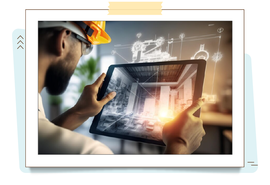 A imagem ilustra um arquiteto analisando a parte arquitetônica de uma construção utilizando um tablet com recurso tecnológico para auxiliar na projeção da construção.